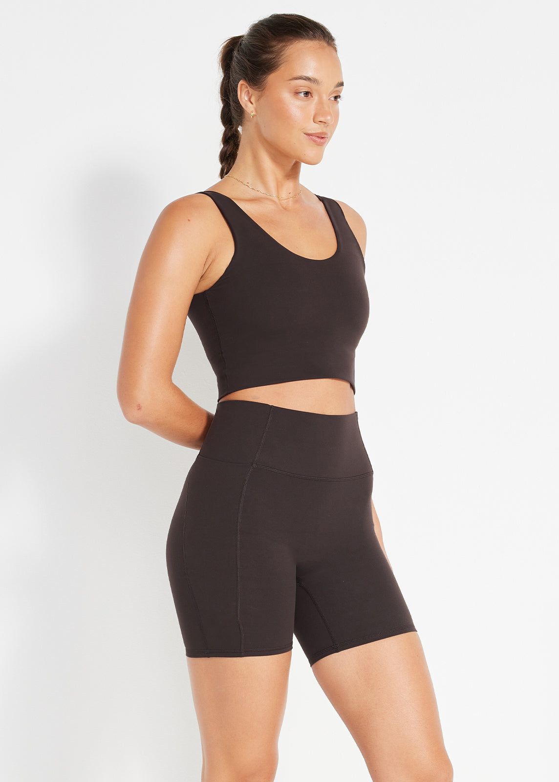 Espresso scoop crop and high-rise shorts made for soft stretch and a confident fit