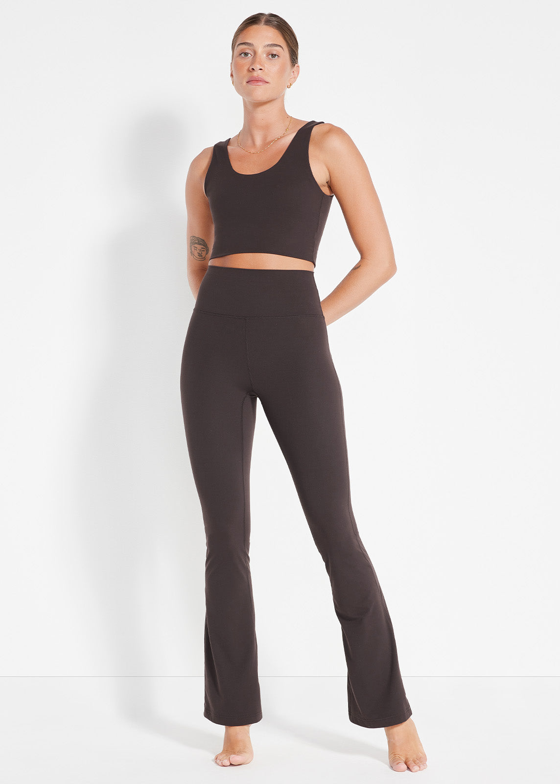 Espresso scoop crop and flared pant set made for smooth stretch and easy movement