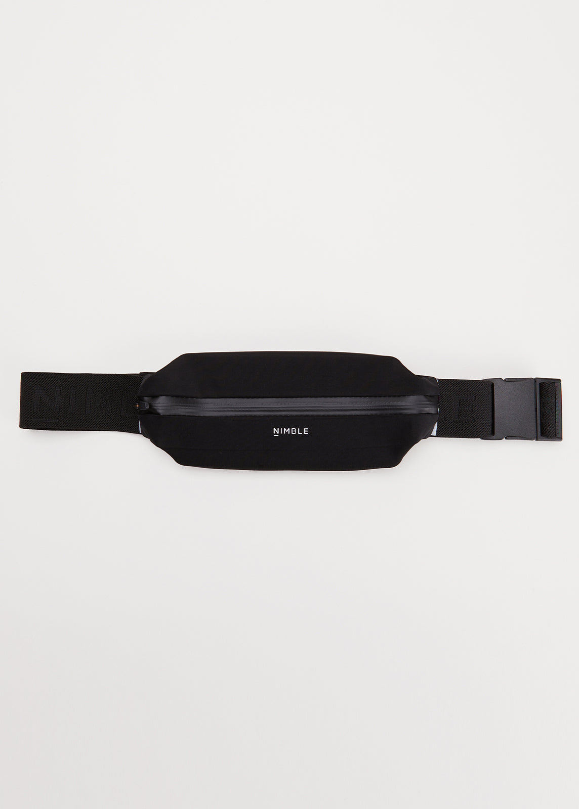 Black Nimble running belt with strap and zip pocket on white background